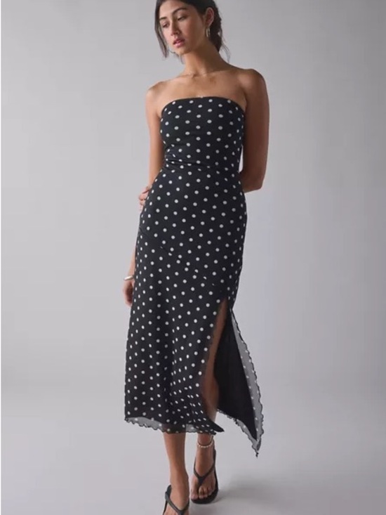 Urban Outfitters Dresses & Skirts - Urban Outfitters Black Strapless Polka Dot Midi Dress with Side Slit